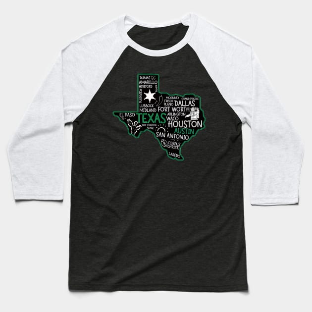 Austin Texas cute map San Antonio El Paso Dallas Laredo Waco TX state Baseball T-Shirt by BoogieCreates